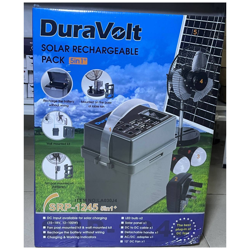 DURAVOLT SOLAR RECHARGEABLE PACK SRP 1245 5 IN 1+ WITH 12' DC TABLE FAN LA030J4